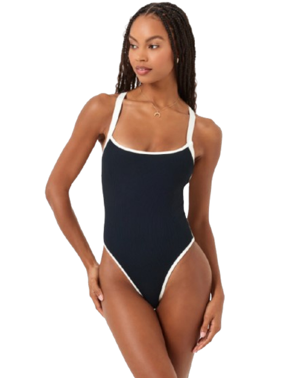 L*SPACE Women's Ribbed Baewatch One Piece Swimsuit Small Black Cream NWT